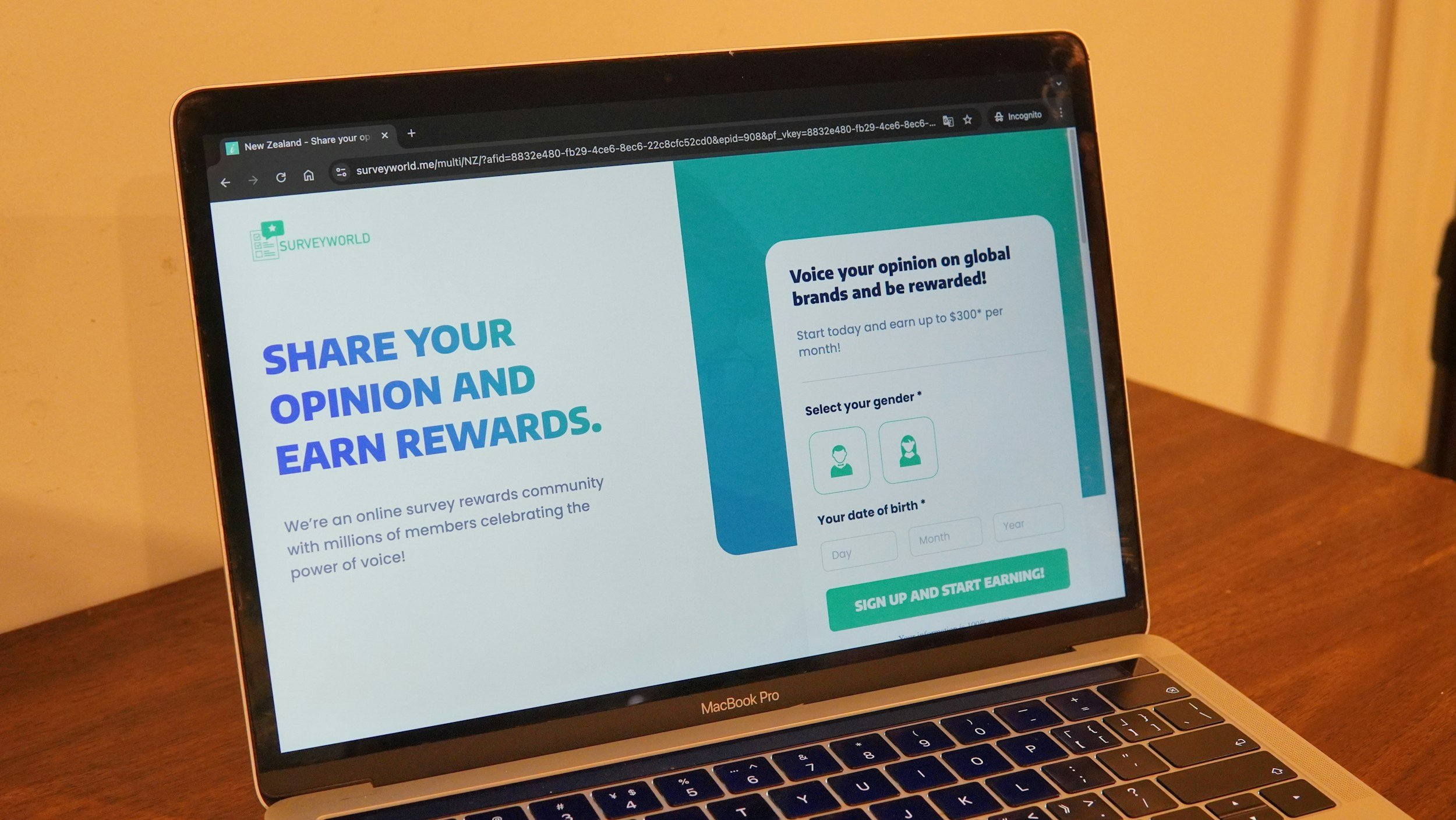 Laptop screen displaying a survey website titled "Share Your Opinion and Earn Rewards."