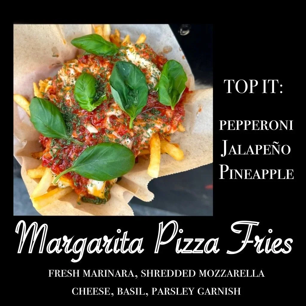 A tray of pizza fries topped with basil leaves and marinara sauce, served in a paper-lined basket with text listing ingredients and menu details.