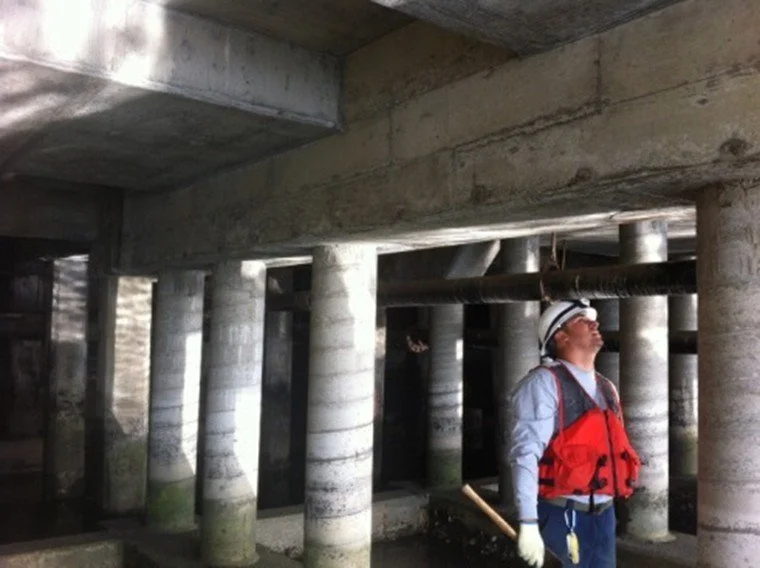 Under-wharf structural inspection of concrete pile caps, piles and deck soffit at Berths 199-200A, Port of Los Angeles, San Pedro CA