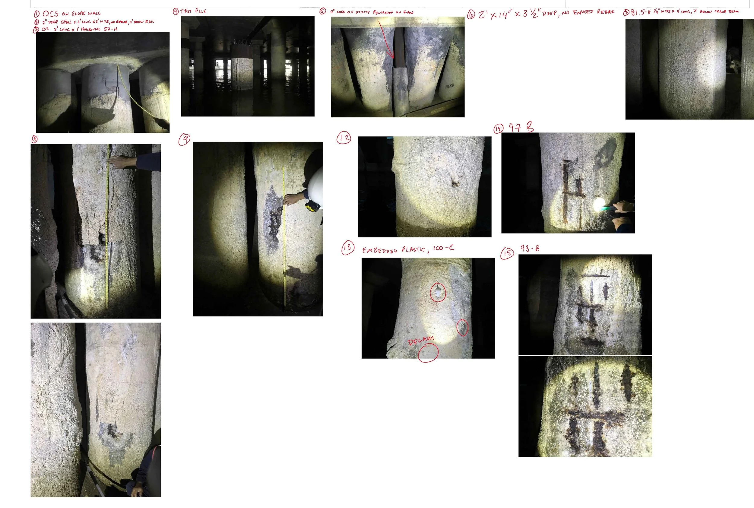 Annotated concrete pile defects