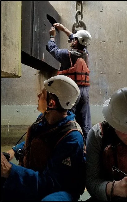 Engineers conducting above-water wharf inspection, Bayport Container Terminal, Port of Houston TX — structural condition assessment