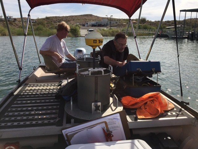 Bathymetry survey equipment setup on a survey boat, Lake Havasu AZ — Contact Point Marina and launch ramp design for Arizona State Parks