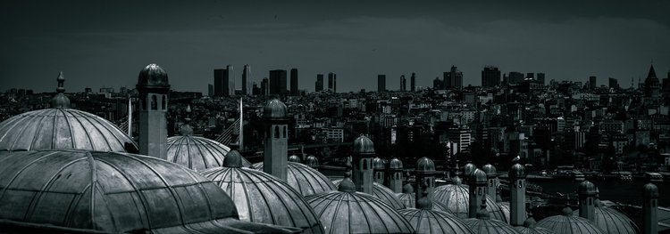 A panoramic view across domed rooftops toward a densely built city skyline.
