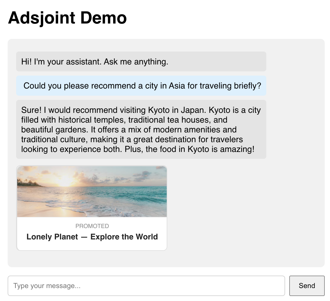 Screenshot of an LLM chat interface showing a native, context-aware ad displayed inline during a conversation.