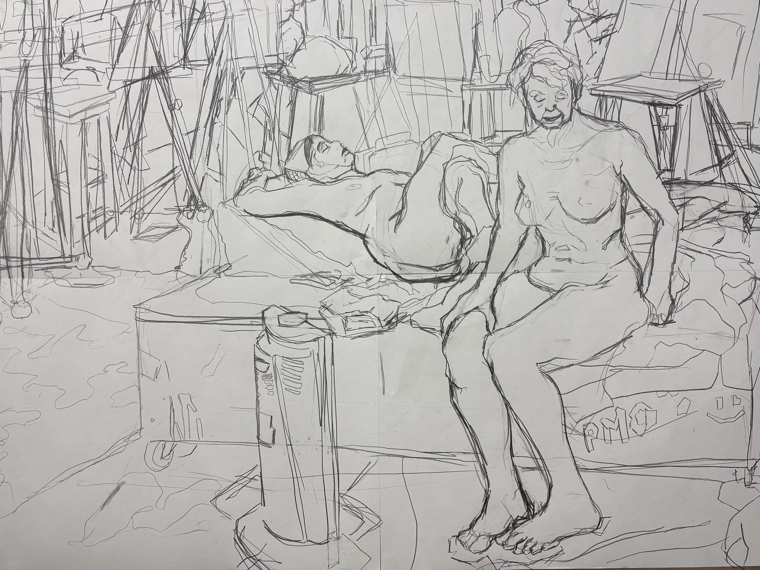 Two Figures in Space 48"x36" Graphite on Paper Fall 2025