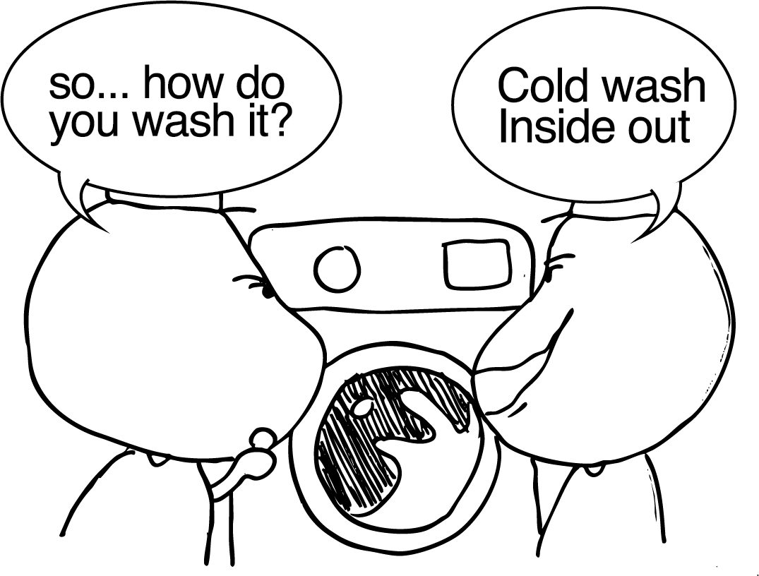 A humorous comic with two speech bubbles. The first says, "so... how do you wash it?" and the second says, "Cold wash inside out."