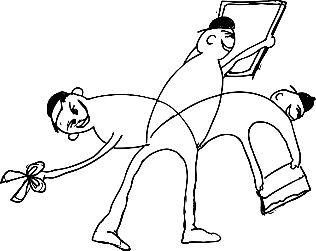 Black and white illustration of a person riding a horse, with the person holding a large panel or screen and smiling, while the horse is in motion with one leg raised.