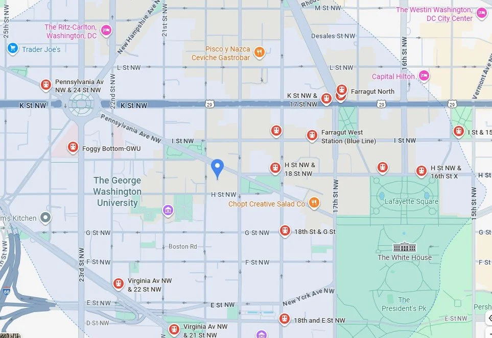 Map of downtown Washington, D.C., showing streets, landmarks, and locations including The White House, Lafayette Square, Georgetown University, hotels, and various restaurants.