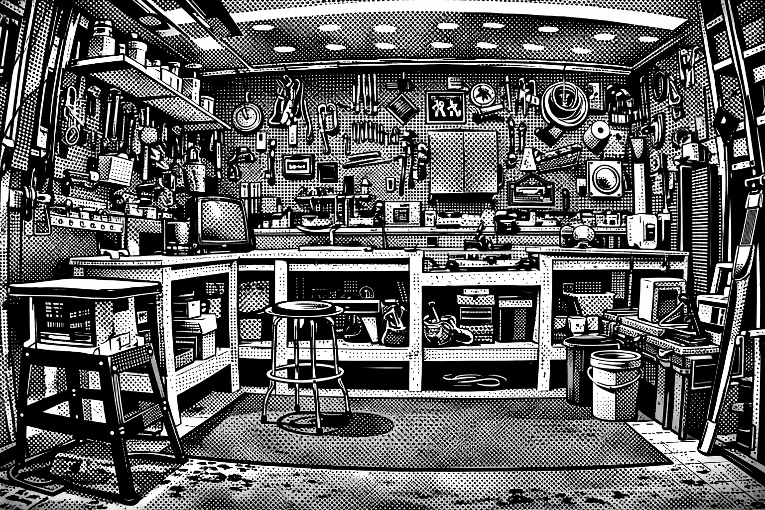 A black and white drawing of a cluttered workshop with various tools and objects hanging on the wall, a workbench, chairs, and shelves filled with items.