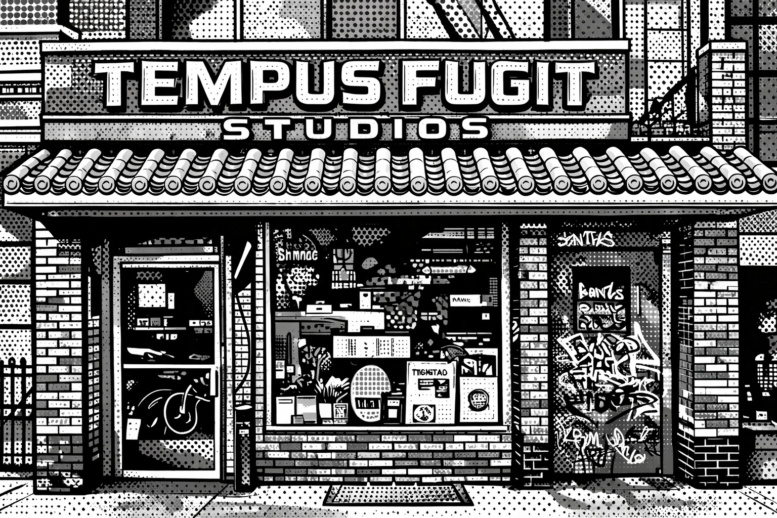 Black and white digital illustration of the storefront for 'Tempus Fugit Studios,' with a sign above the entrance, graffiti on the door, and various items displayed in the window.