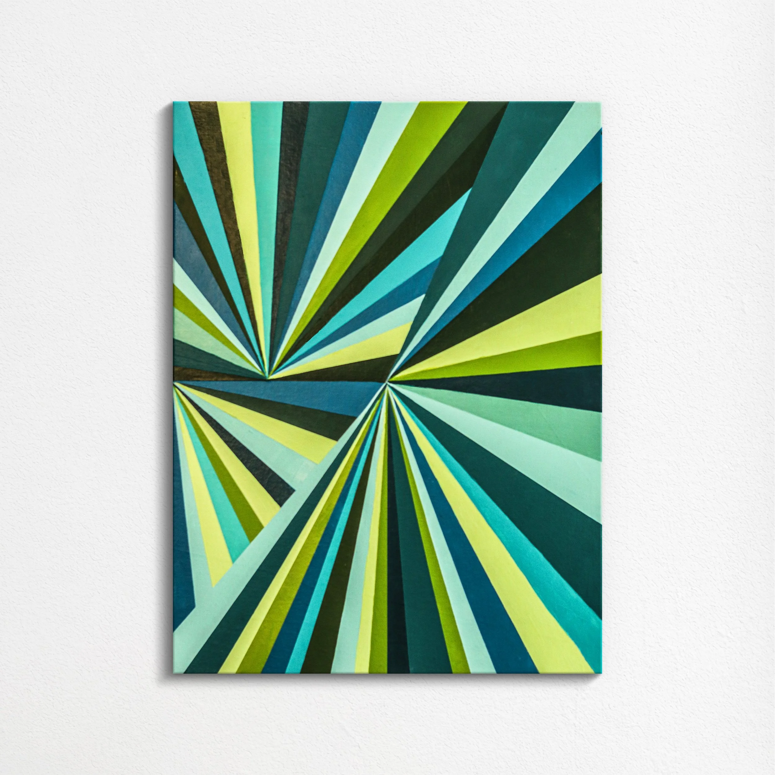 Abstract artwork with radial geometric patterns in shades of green, blue, and yellow.