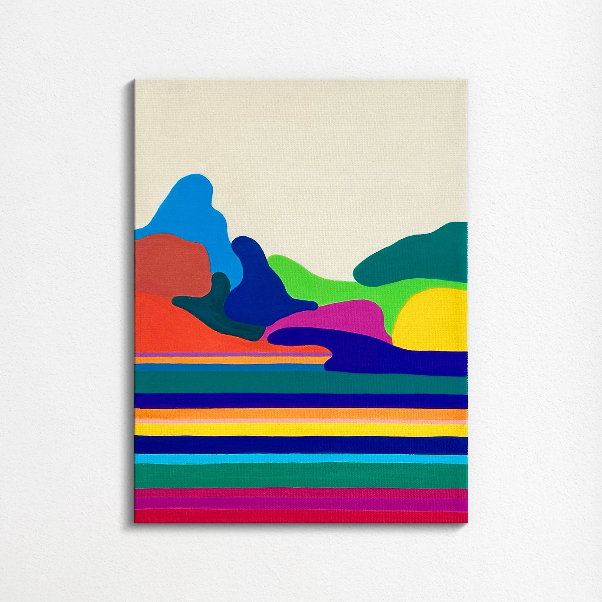 Abstract landscape painting with colorful mountains, green hills, and striped foreground.