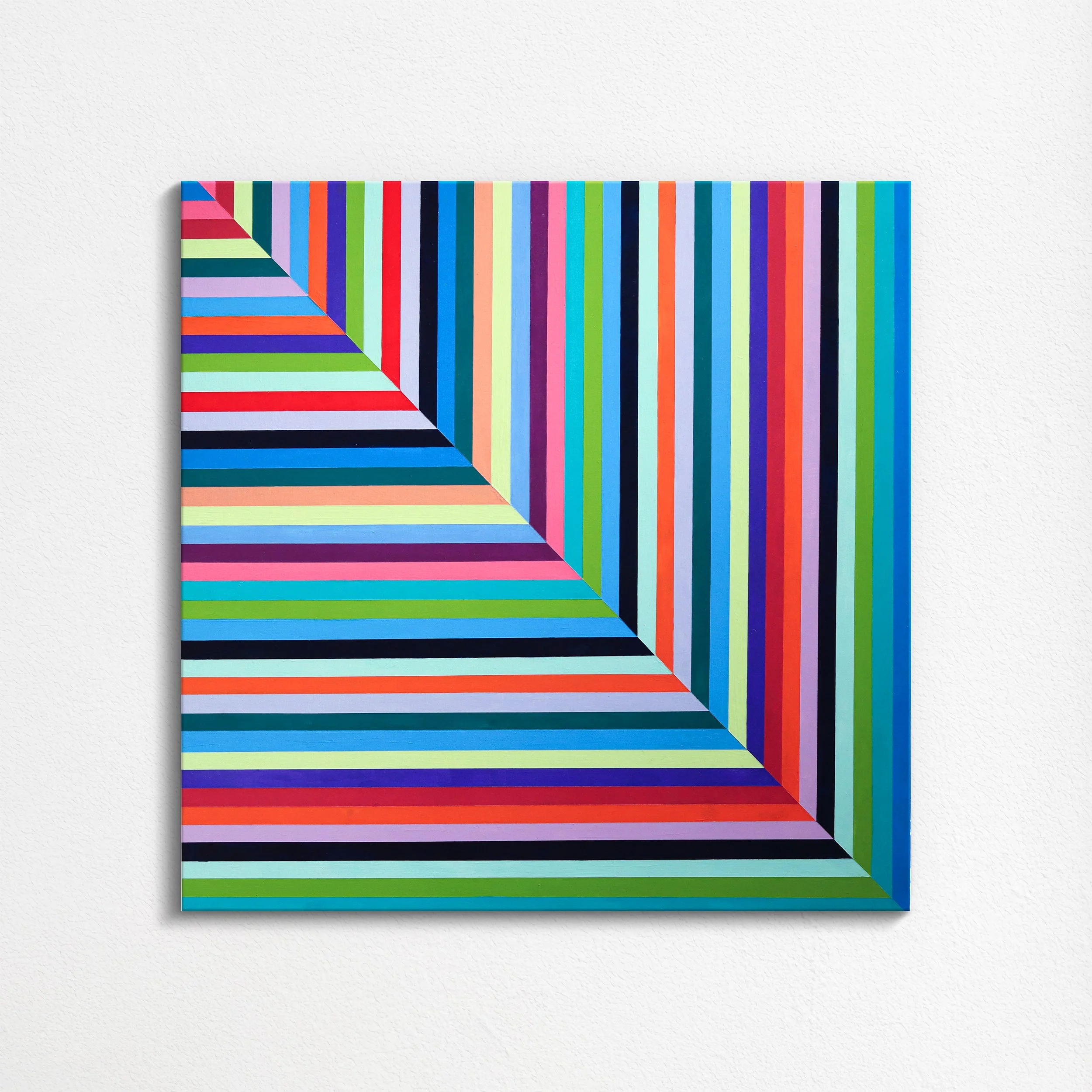 Colorful geometric abstract art featuring diagonal stripes forming concentric squares.