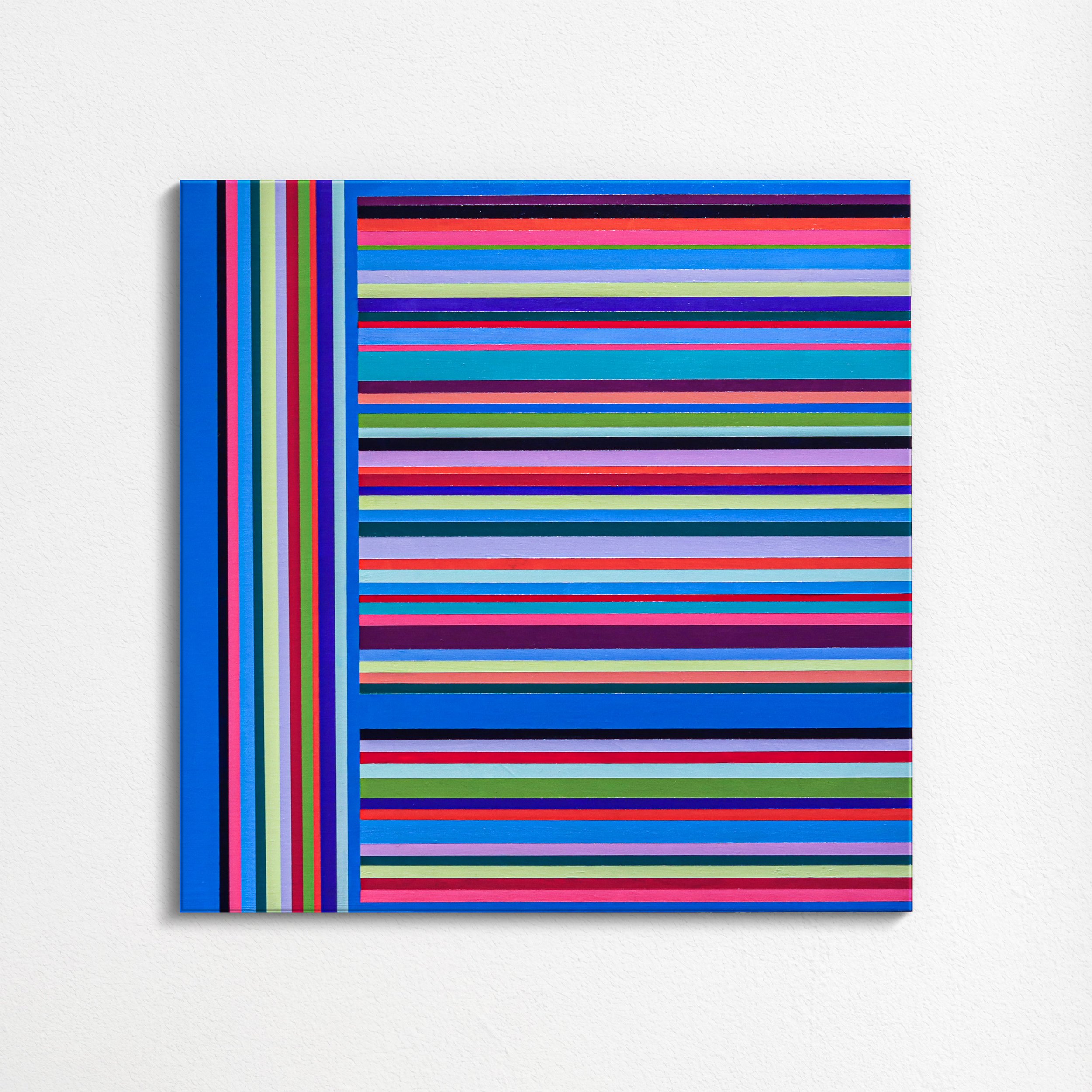 Colorful abstract artwork with horizontal and vertical stripes in various colors on a white wall.