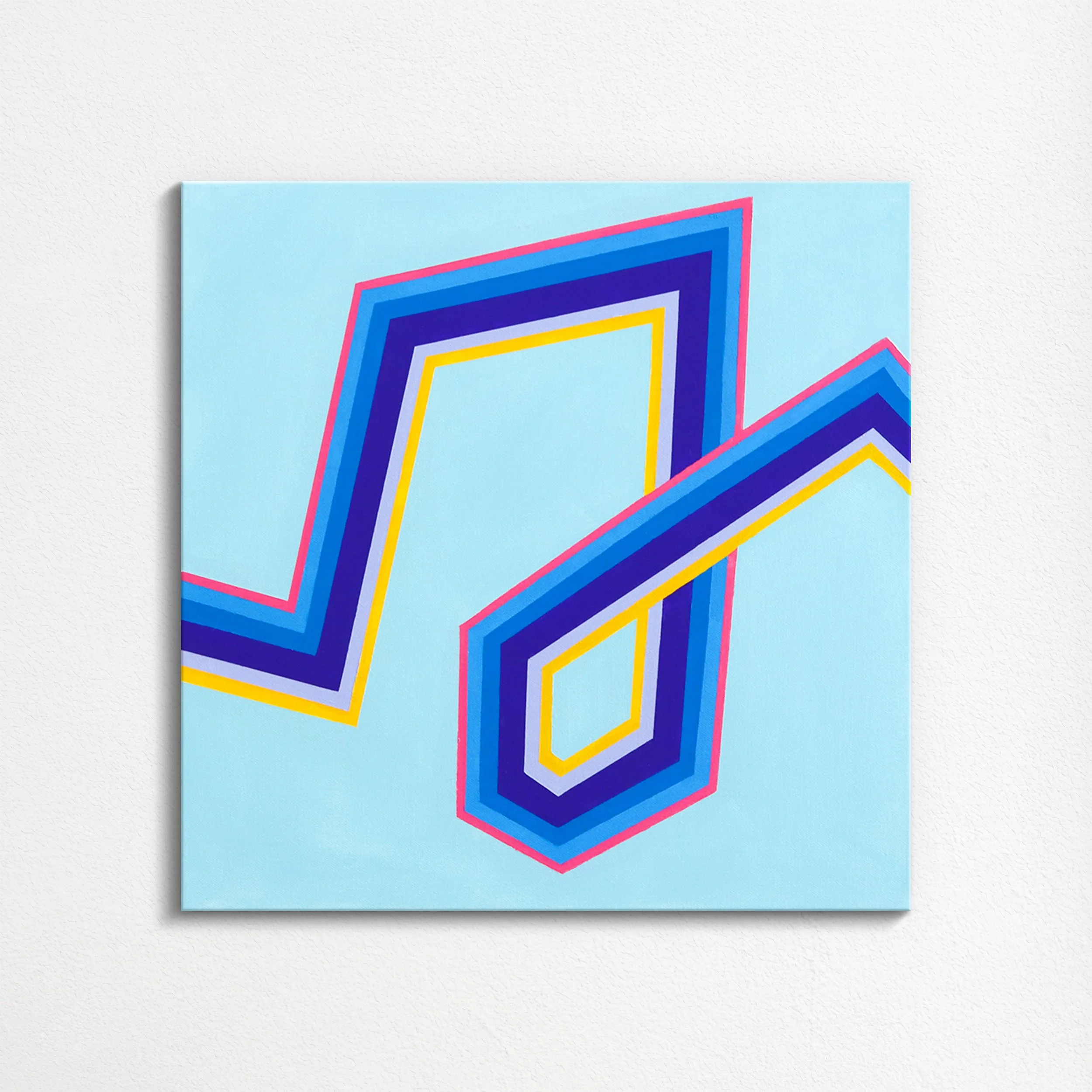 Abstract geometric artwork featuring colorful 3D-style rectangular shapes outlined in pink, yellow, blue, and purple on a light blue background.