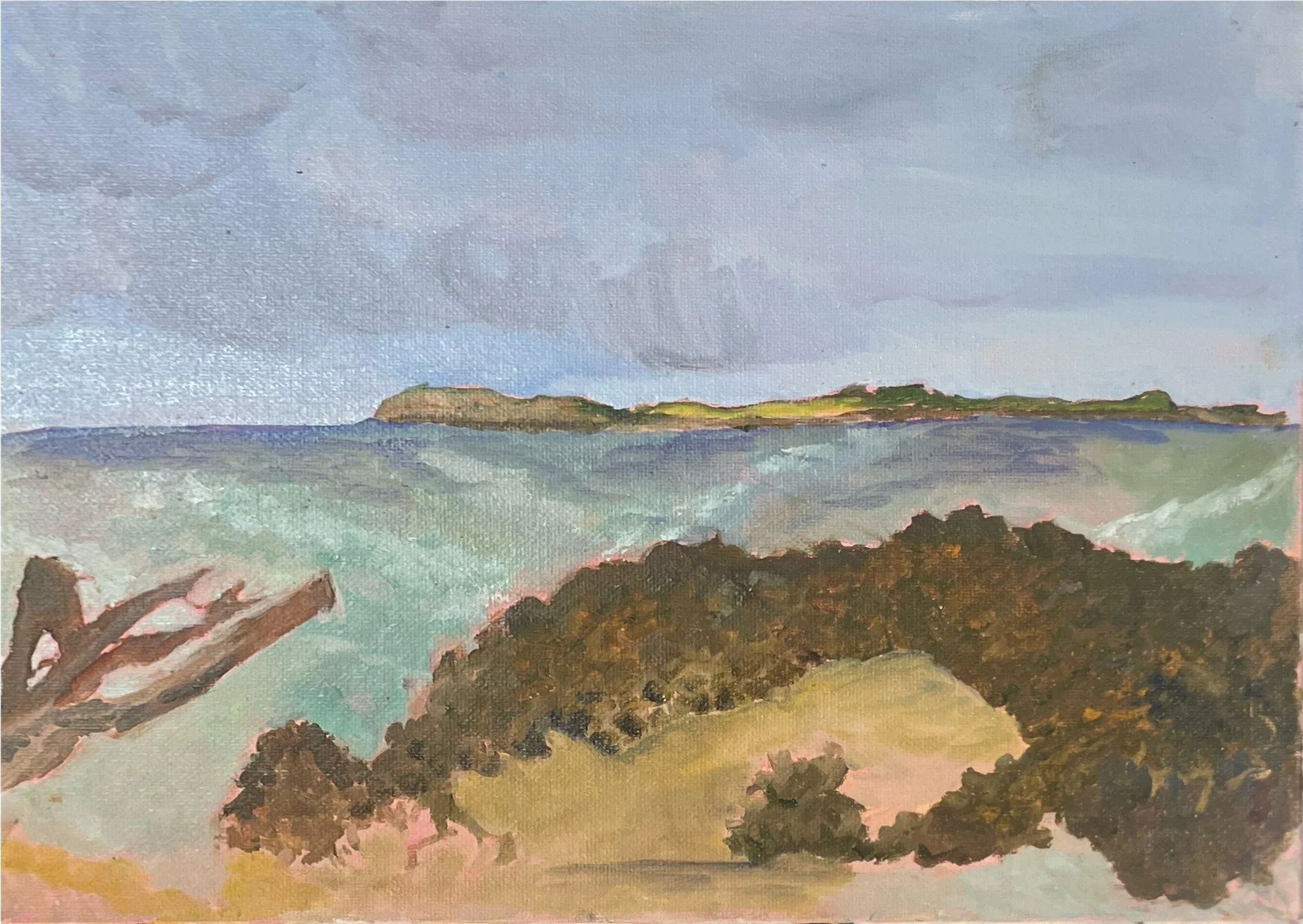 A watercolor painting of a coastal landscape with a cloudy sky. In the foreground, there are brown bushes and a tree, with light green and pinkish ground. In the background, a hill or small island with green and brown terrain is visible across the body of water, with waves painted in shades of blue and green.