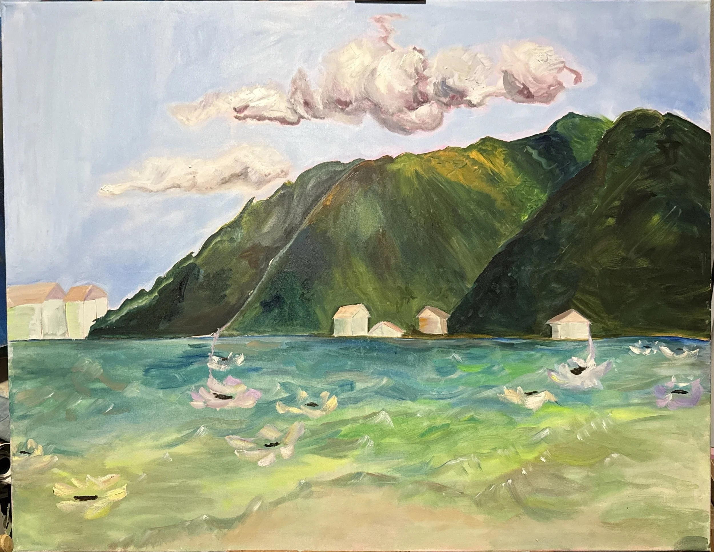 An impressionistic painting of a coastal scene with turquoise water, small white boats, green mountains, and white houses in the background under a partly cloudy sky.