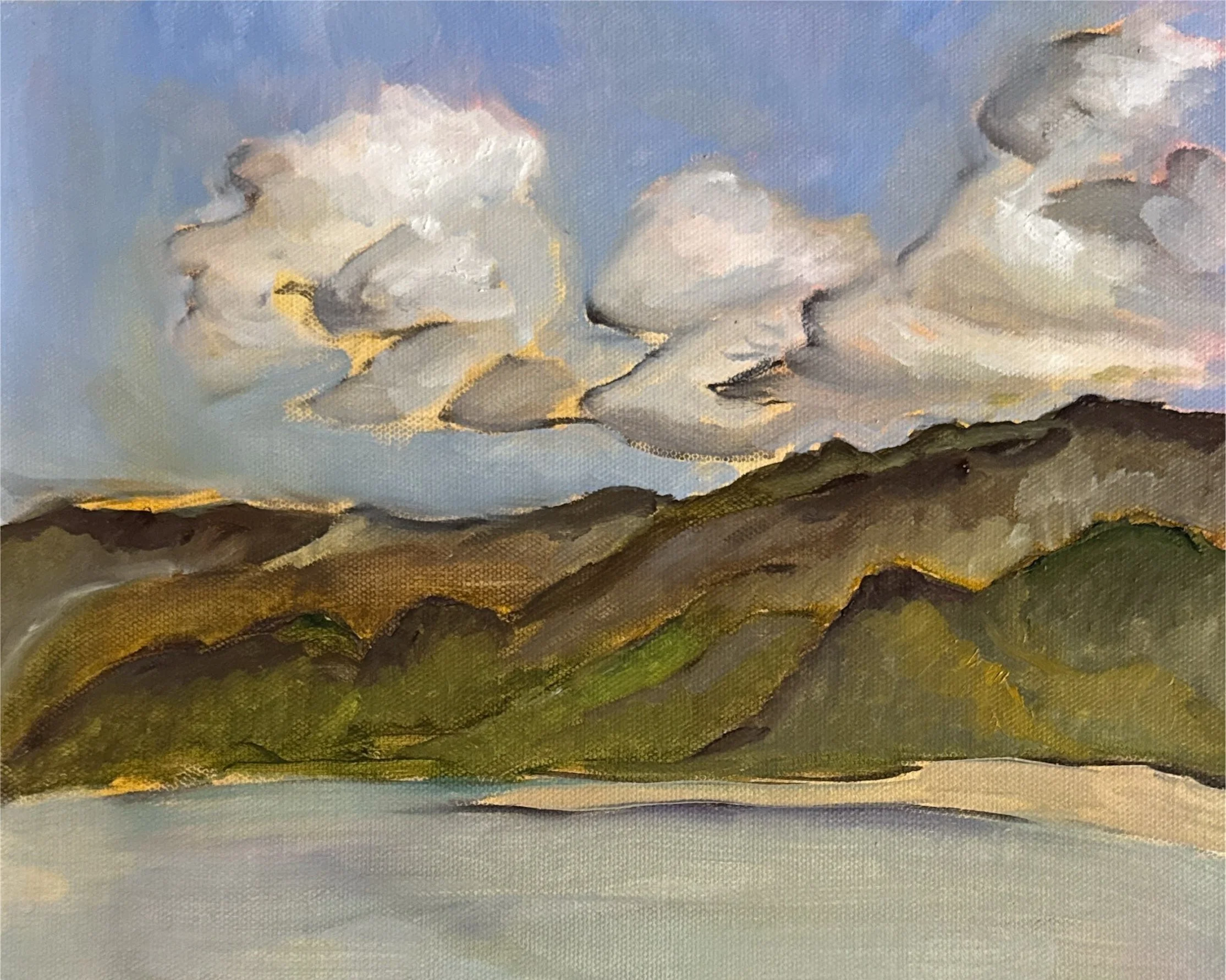 A landscape painting of rolling green hills under a sky with fluffy gray and white clouds.