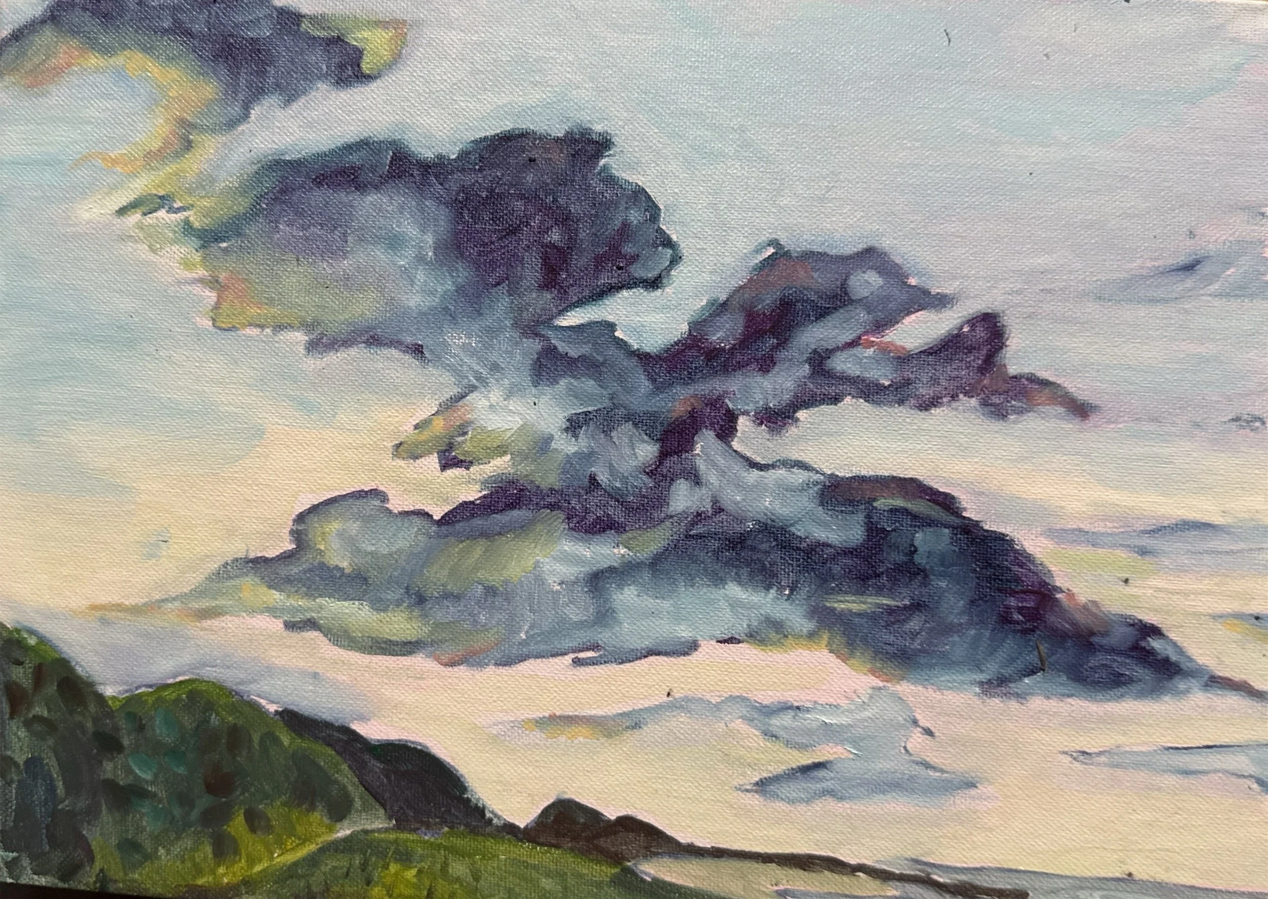 A painting of a landscape with a sky filled with large, dark clouds over green hills at sunset.