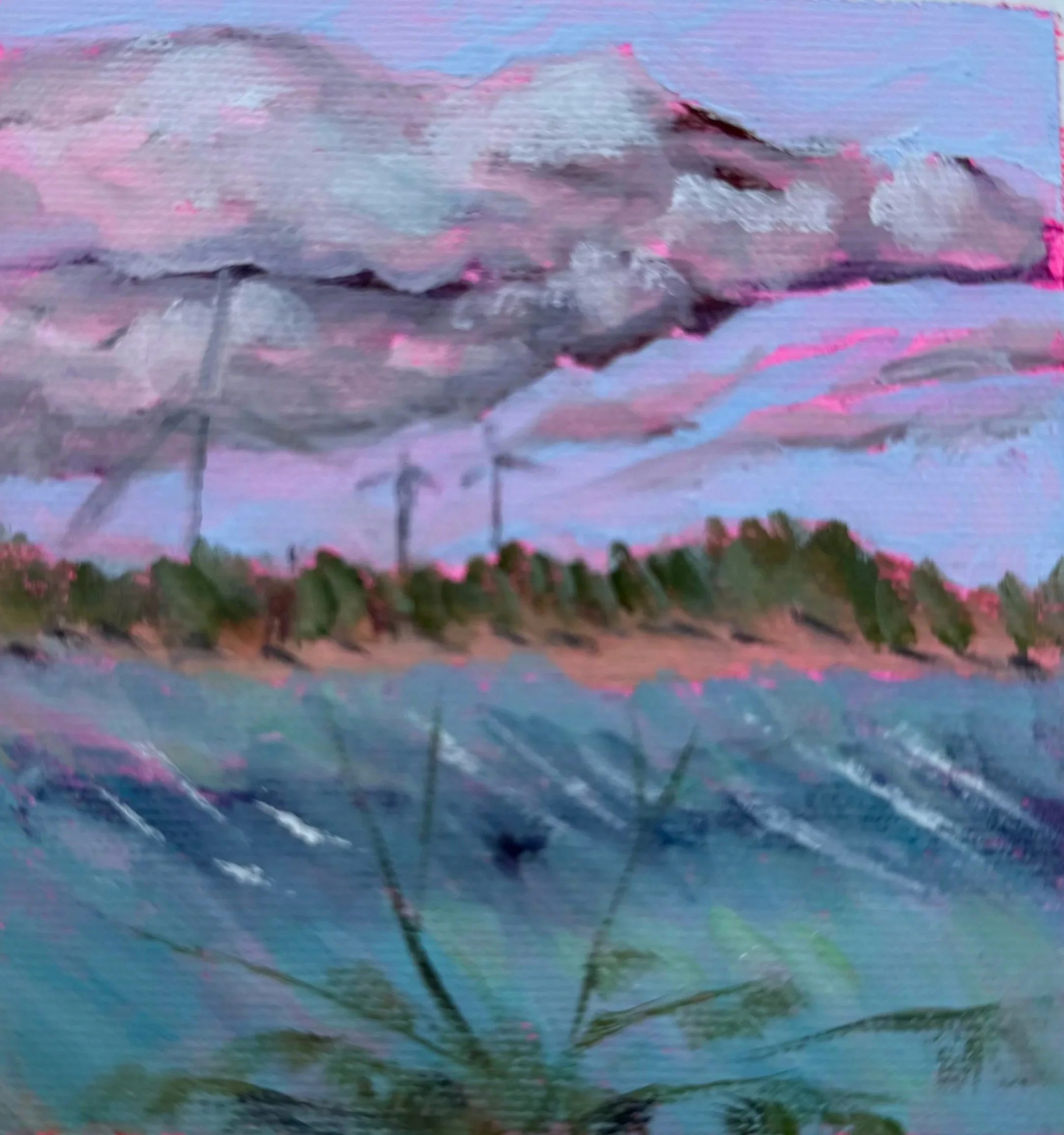 Landscape painting of a lake with wind turbines, surrounded by trees, under a cloudy sky during sunset.