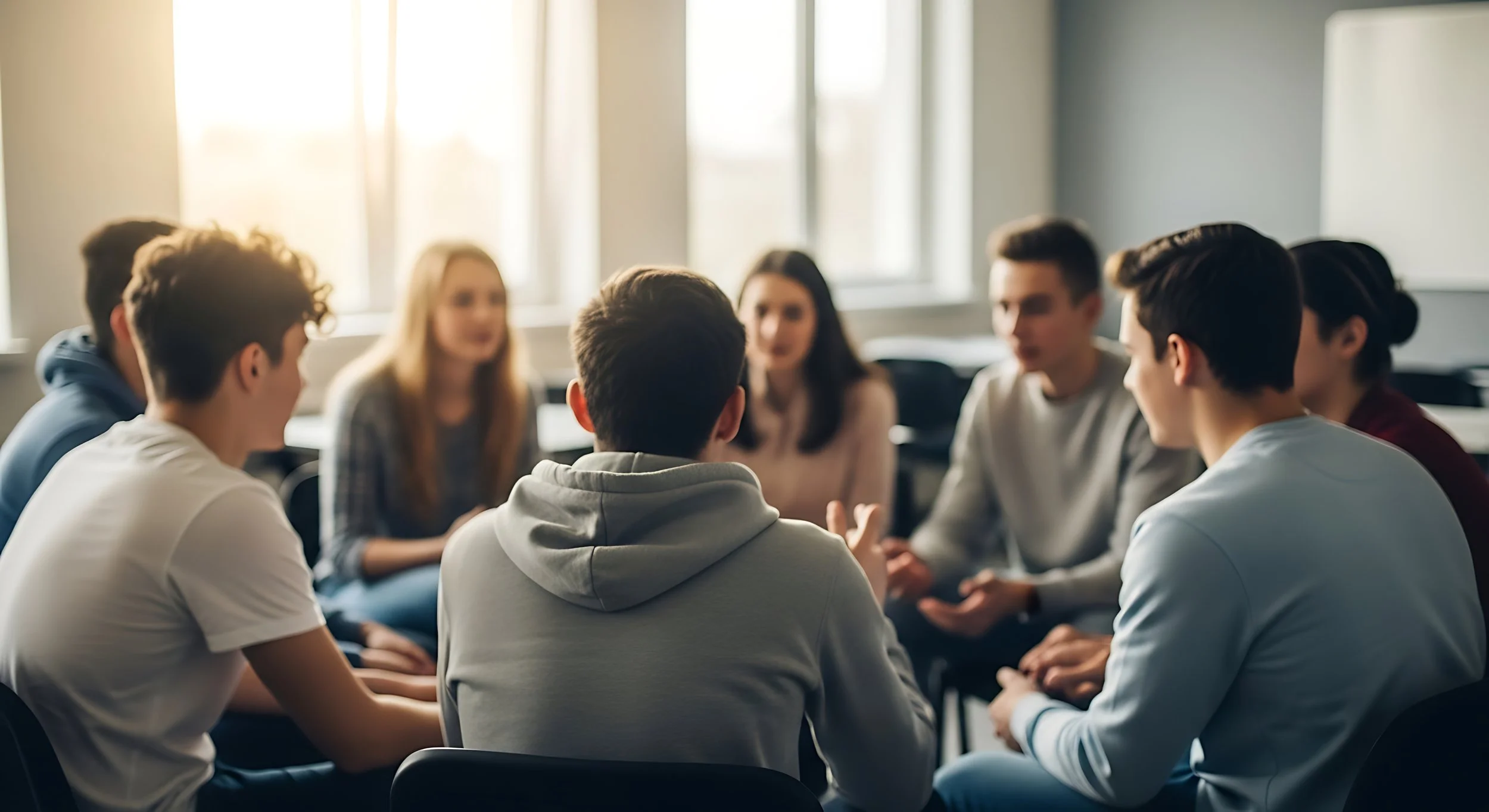 Group of young people sitting in a circle having a discussion in a brightly lit room.