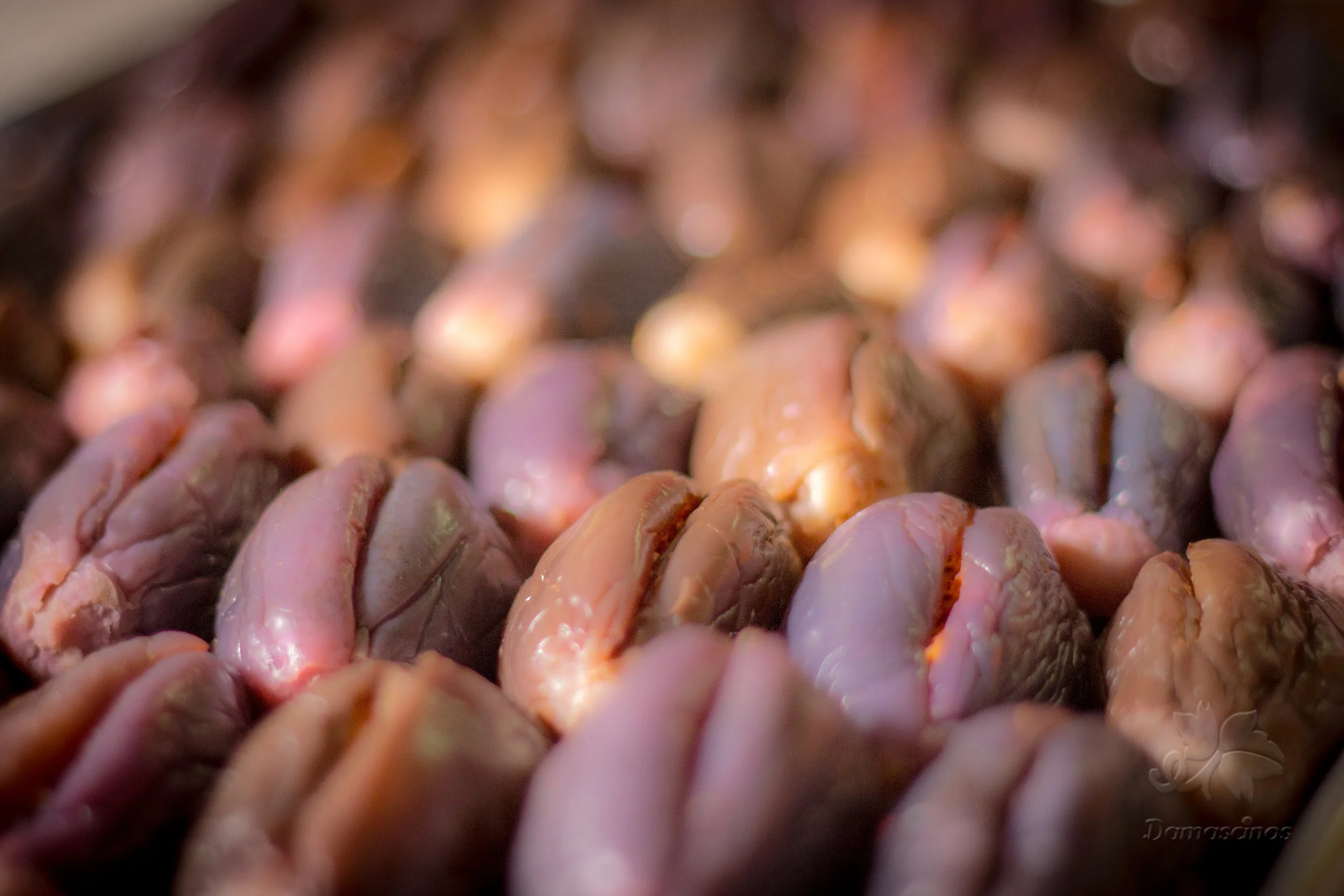 Close-up of raw chicken hearts lined up in rows.