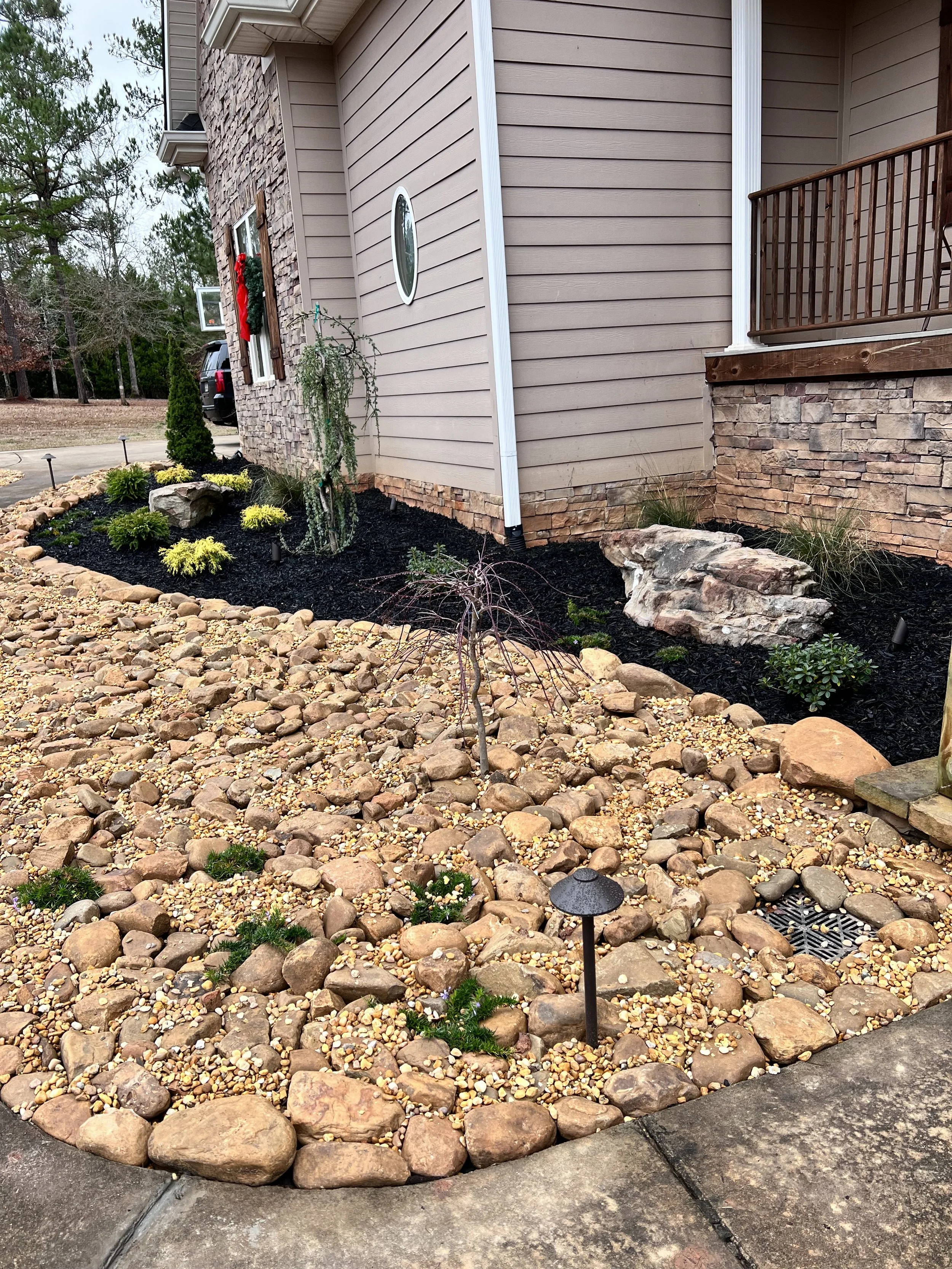 Front yard landscaping with rocks and plants near a house, including a small leafless tree, green and yellow shrubs, and a rock as decoration, with a black mulch area and a porch with a railing.