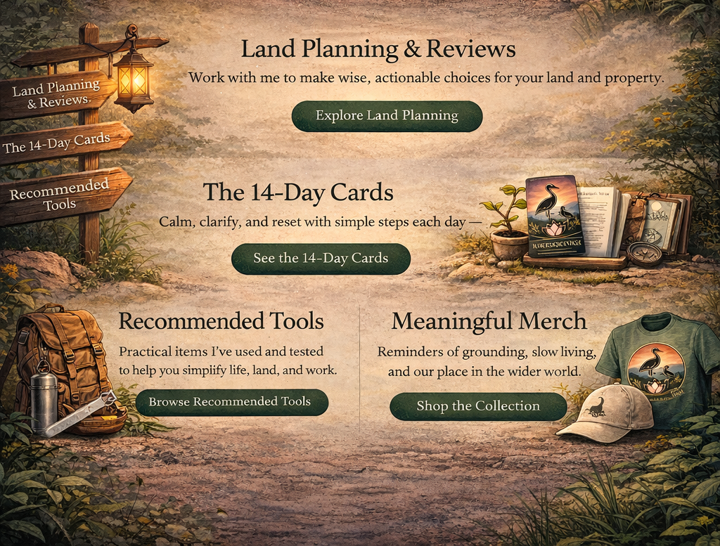 A nature-themed promotional webpage for land planning and reviews. It features a wooden signpost with lantern, wooden sign tags, open tarot cards, a backpack with tools, a potted plant, a black heron card, and merchandise including a t-shirt and cap with heron graphics. The background is a scenic outdoor setting with trees and rocks.
