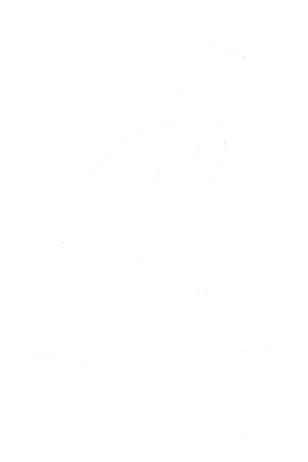 Neon outline of a heron standing in water on a black background.