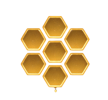 Seven honeycomb-shaped containers filled with honey arranged in a honeycomb pattern.