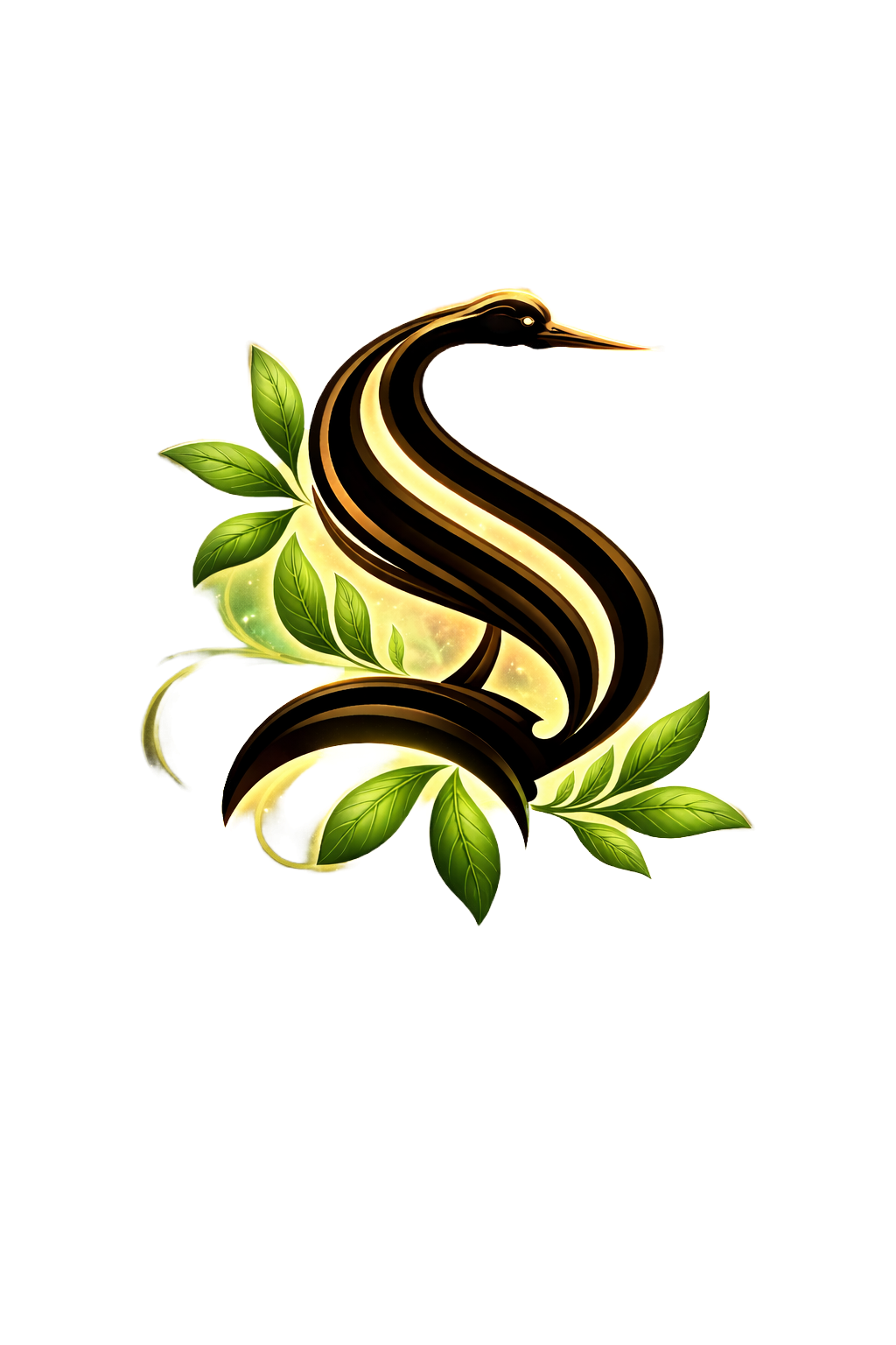 A stylized illustration of a snake intertwined with green leaves, glowing with gold accents.