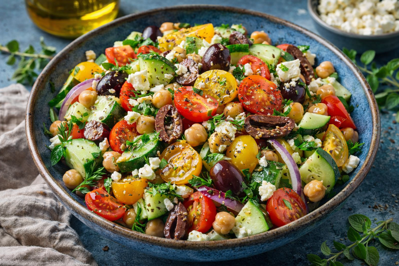 A colorful Mediterranean salad in a blue bowl with tomatoes, cucumbers, chickpeas, olives, red onions, and crumbled feta cheese garnished with herbs.