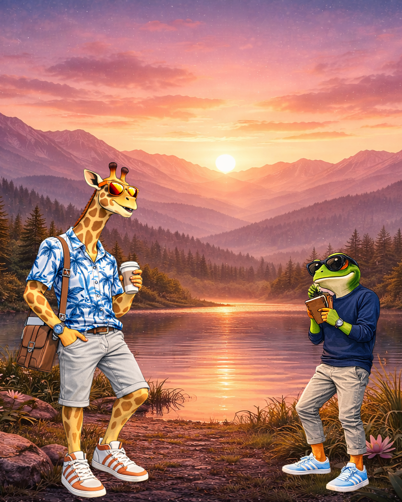 Illustration of a giraffe and frog anthropomorphic characters standing by a lake at sunset with mountains in the background. The giraffe is wearing sunglasses, a Hawaiian shirt, shorts, sneakers, and holding a coffee cup. The frog is wearing sunglasses, a navy blue sweater, gray pants, and sneakers, holding a book.
