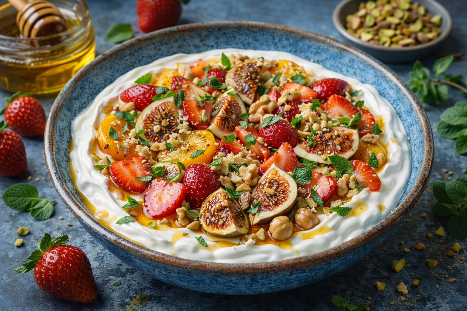 A bowl of yogurt topped with strawberries, figs, chopped nuts, and fresh mint leaves, with honey drizzled on top, surrounded by additional strawberries and mint leaves.