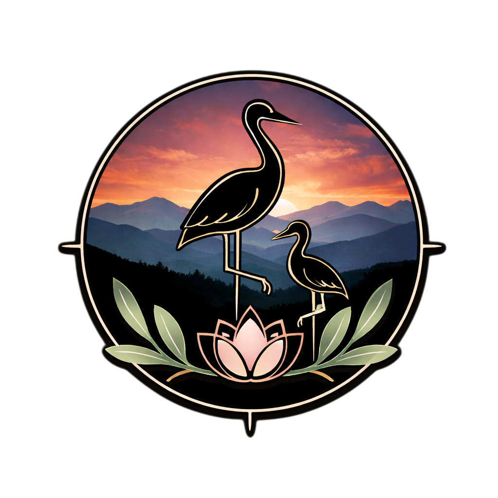Stylized logo featuring two herons, one large and one small, standing on a pink lotus flower with green leaves, set against a mountain landscape at sunset with a sky of orange and purple hues, enclosed in a circle with a black background.