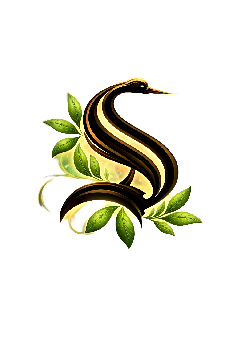 Stylized swan with black and gold markings, surrounded by green leaves, set against a gradient background.
