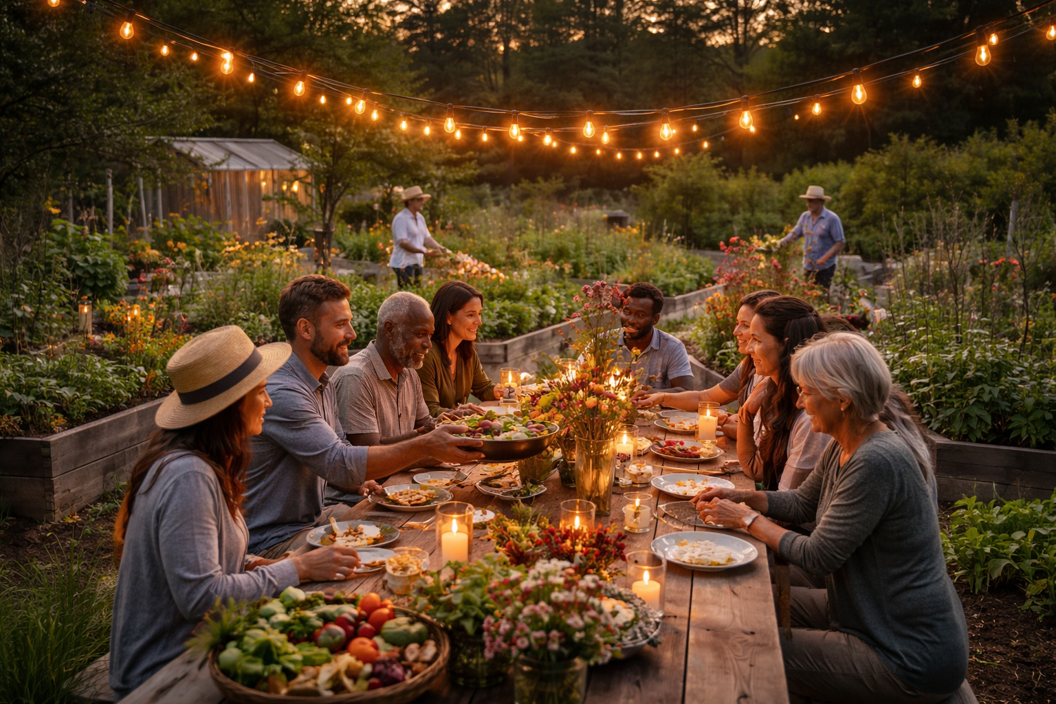 People having dinner outdoors at a long wooden table during sunset, surrounded by greenery and string lights overhead.