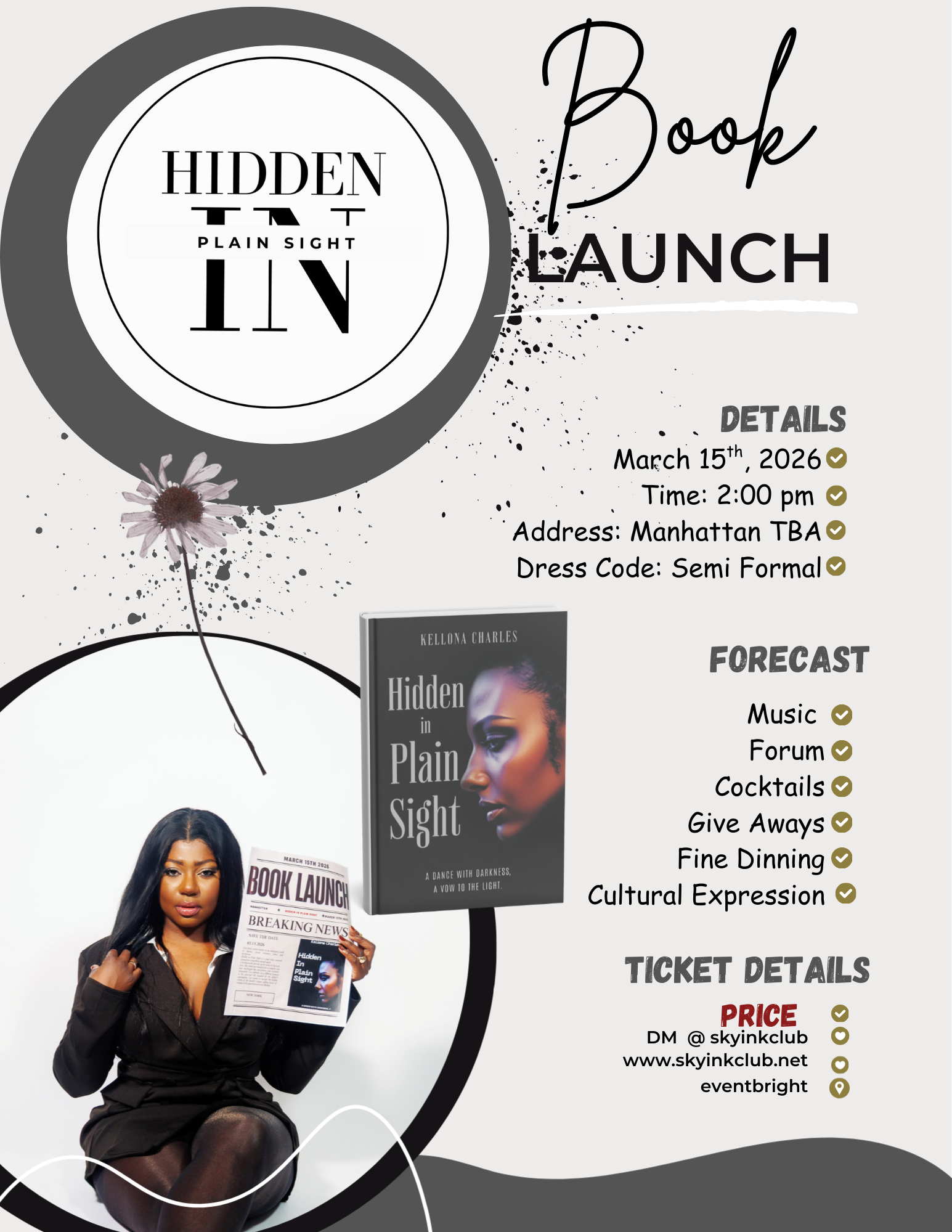 Book launch event flyer for 'Hidden in Plain Sight' by Kellona Charles, featuring a woman holding a newspaper, with event details including date, time, location, dress code, forecast activities, and ticket information.
