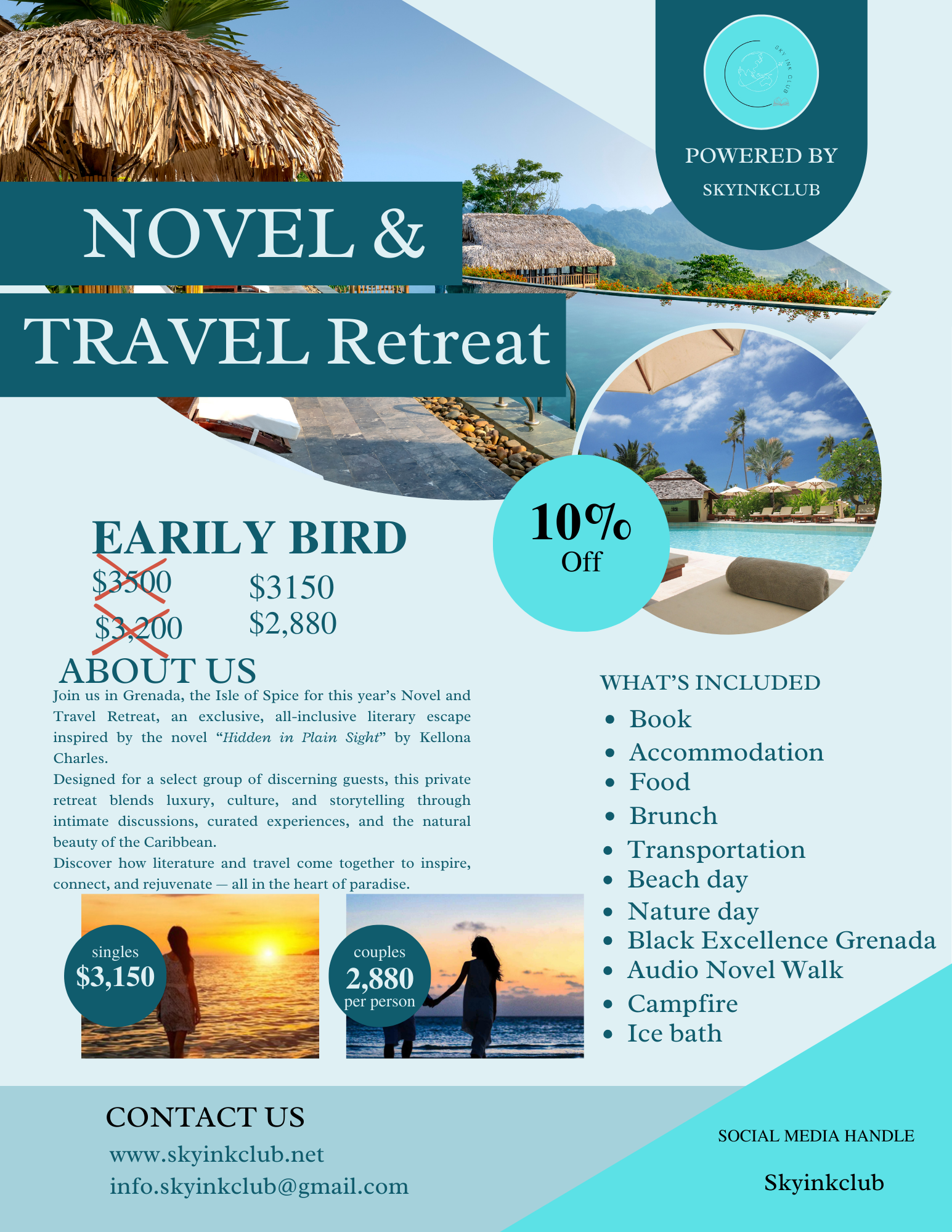 Flyer for a novel and travel retreat in Grenada, featuring images of a pool, beach, and tropical scenery, offering 10% off for early birds, with prices for singles and couples, including amenities like food, accommodation, and activities such as a beach day, nature day, and campfire.
