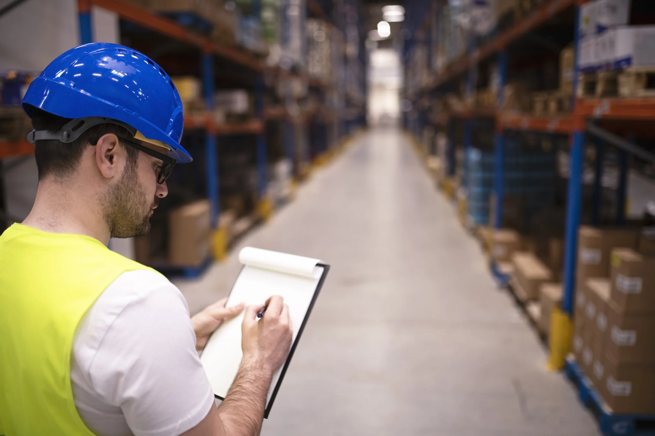A man in safety gear, including a blue helmet and yellow vest, writes on a notepad in a warehouse aisle with shelves filled with boxes.
