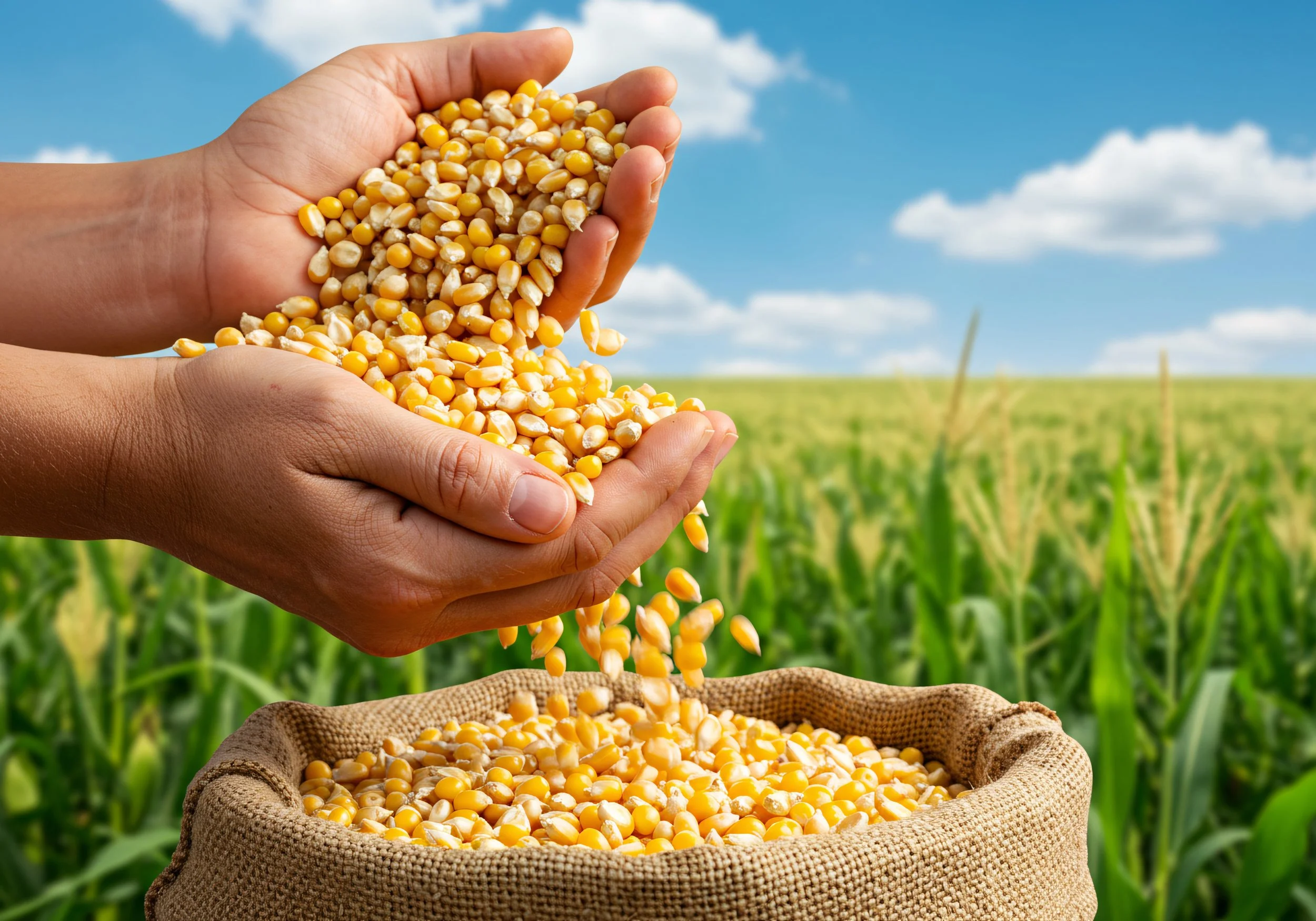 Hands holding yellow and white corn kernels over a burlap sack in a cornfield with blue sky and clouds in the background.