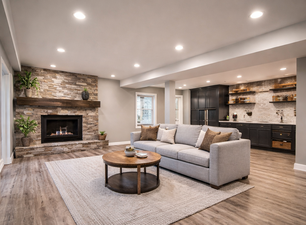 Living room with a stone fireplace, a light gray sofa with brown and beige pillows, a round wooden coffee table, a beige area rug, and a kitchen with black cabinets and open wooden shelves.