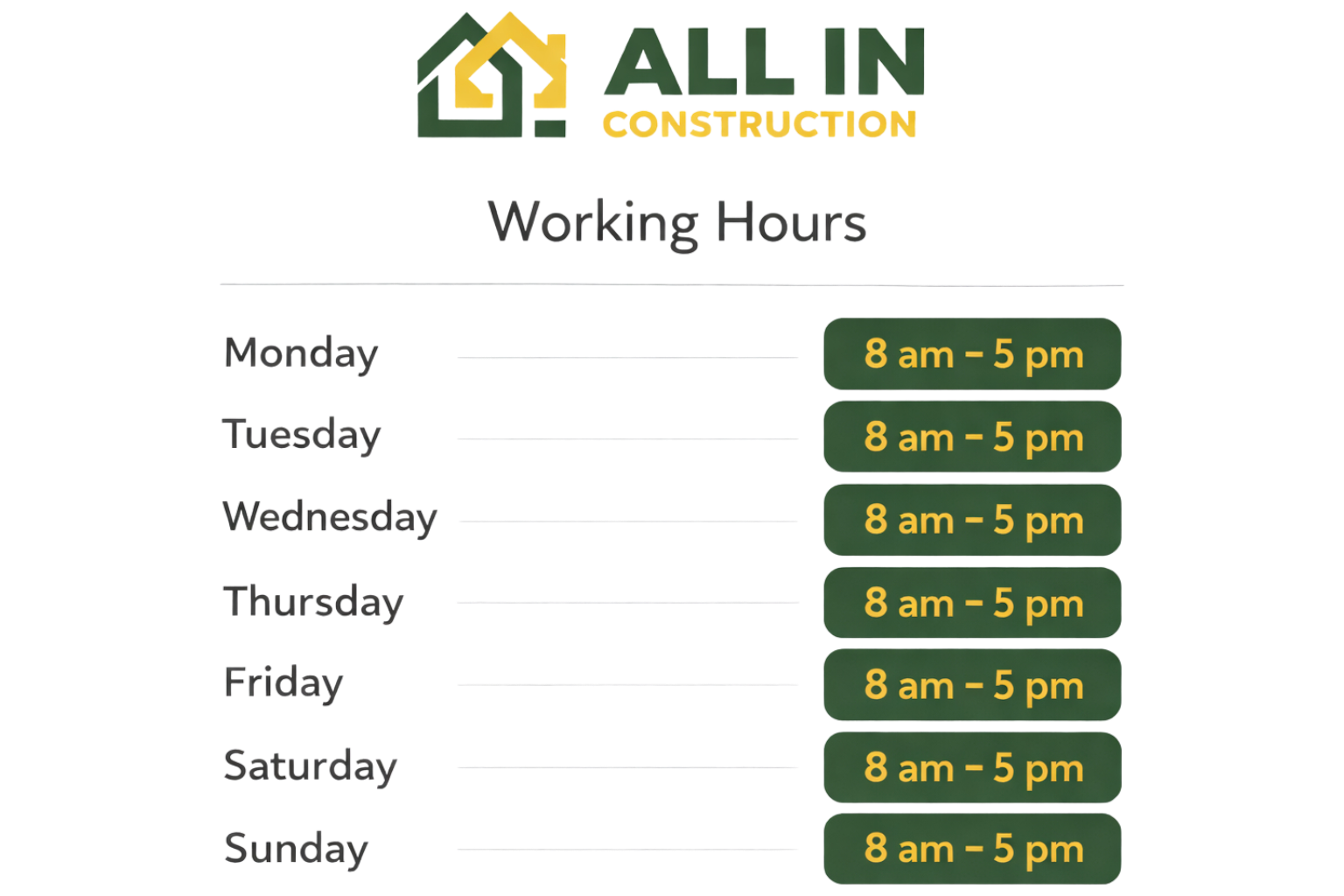 A sign displaying the work hours of a construction company called 'All In Construction,' which are from 8 am to 5 pm Monday through Sunday.