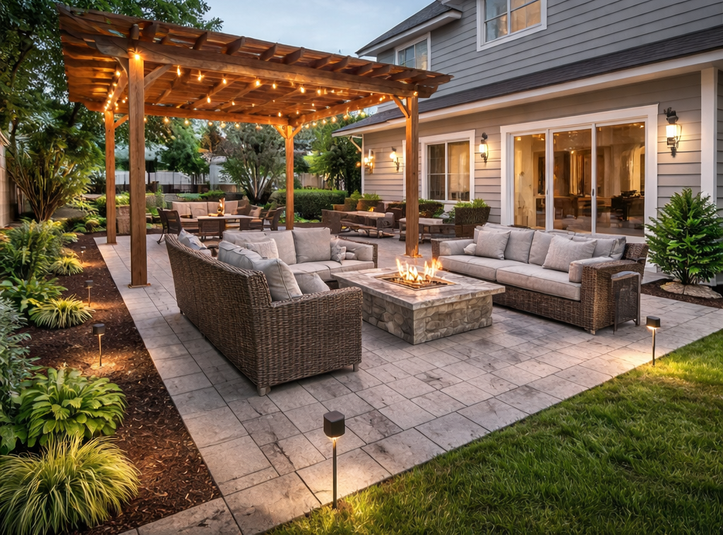 Backyard patio with outdoor seating, fire pit, string lights under a wooden pergola, and surrounded by well-maintained garden and greenery at dusk.
