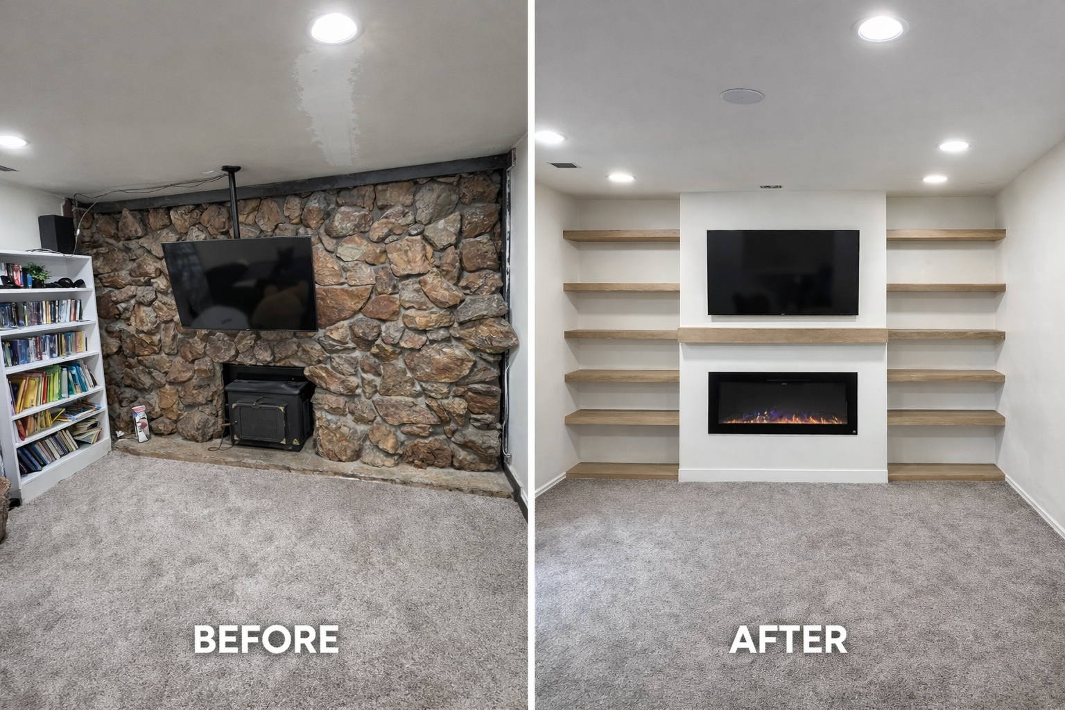 Side-by-side comparison of a room before and after renovation. The "before" shows a stone wall with a TV mounted and a bookshelf on the left. The "after" depicts a clean, white wall with a mounted TV and a modern electric fireplace below, surrounded by wooden shelves.