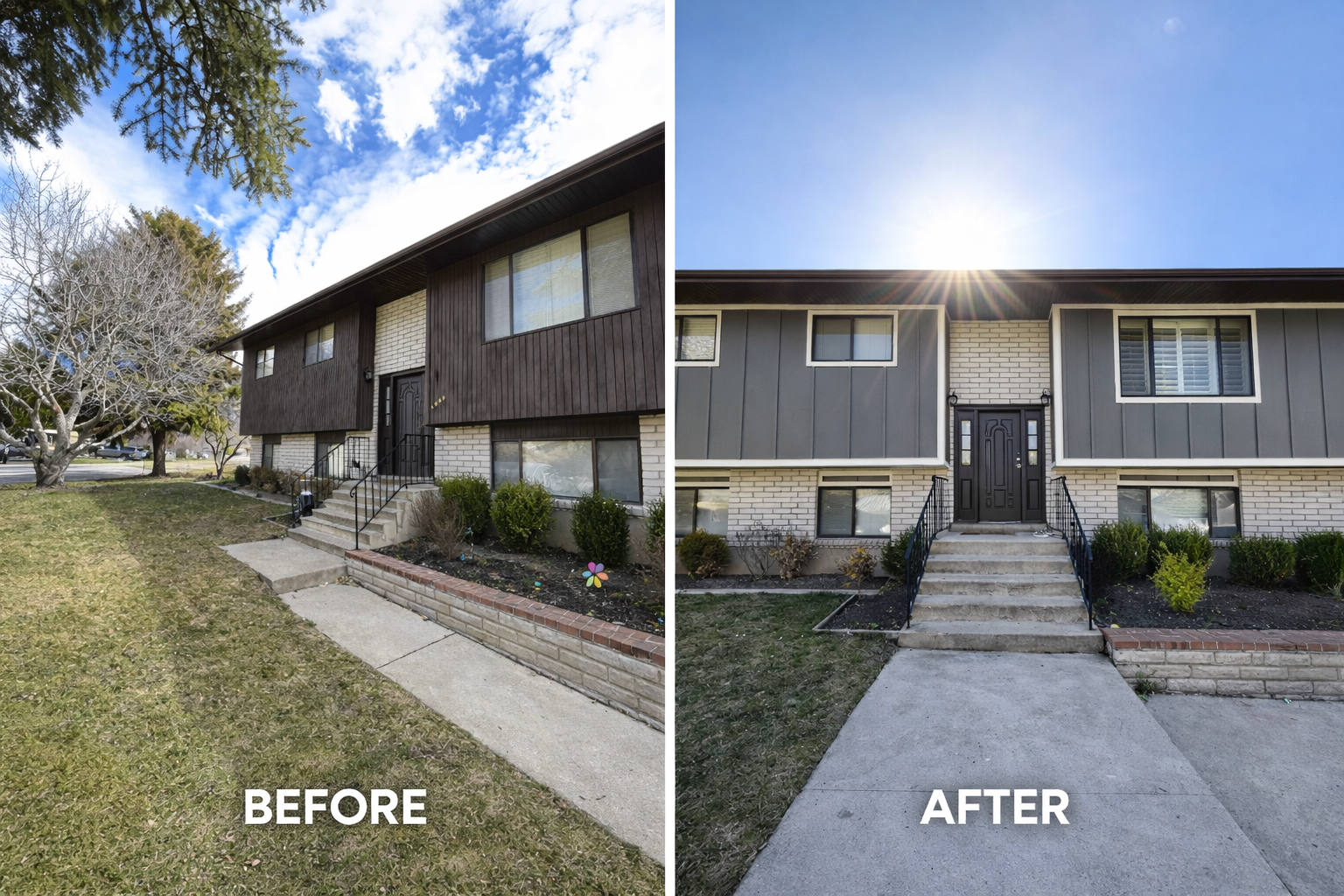 Side-by-side comparison of a house before and after renovation. The before image shows an aged exterior with dark brown panels, some bare trees, and an overcast sky. The after image shows a modernized house with gray siding, a bright sky, and a clean walkway.