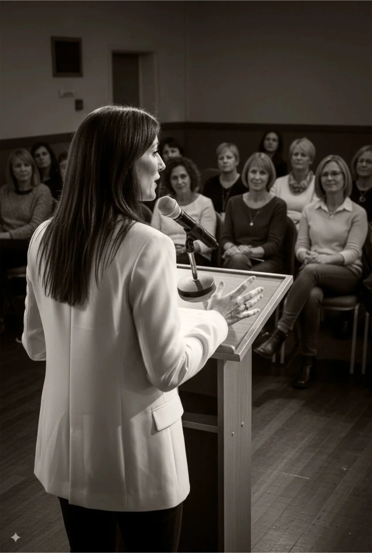 Kerry Christie speaking to a predominantly female audience at an inspirational self-love and healing event