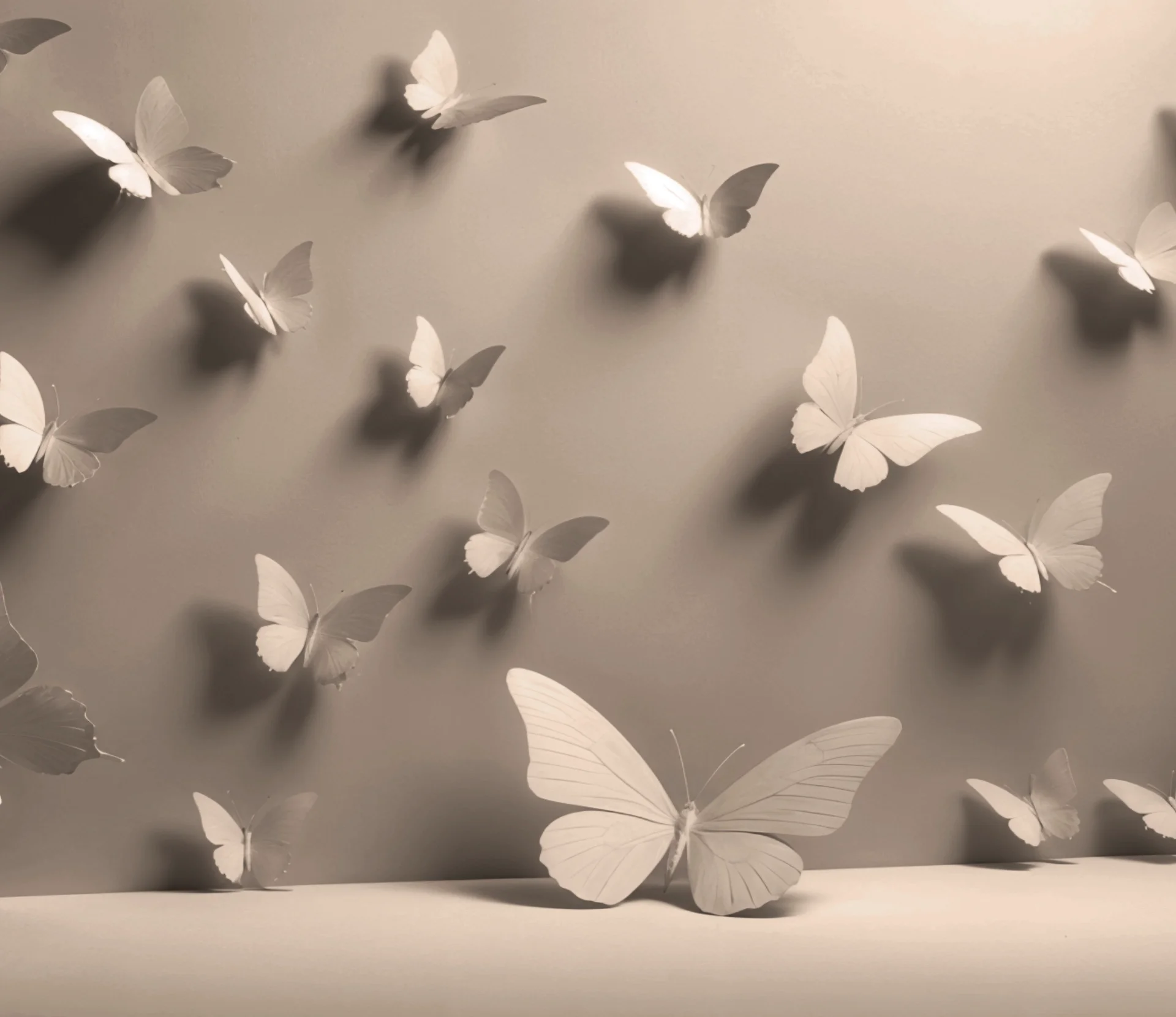 White paper butterflies attached to a wall creating shadow effects, with one large butterfly resting on a surface in the foreground.