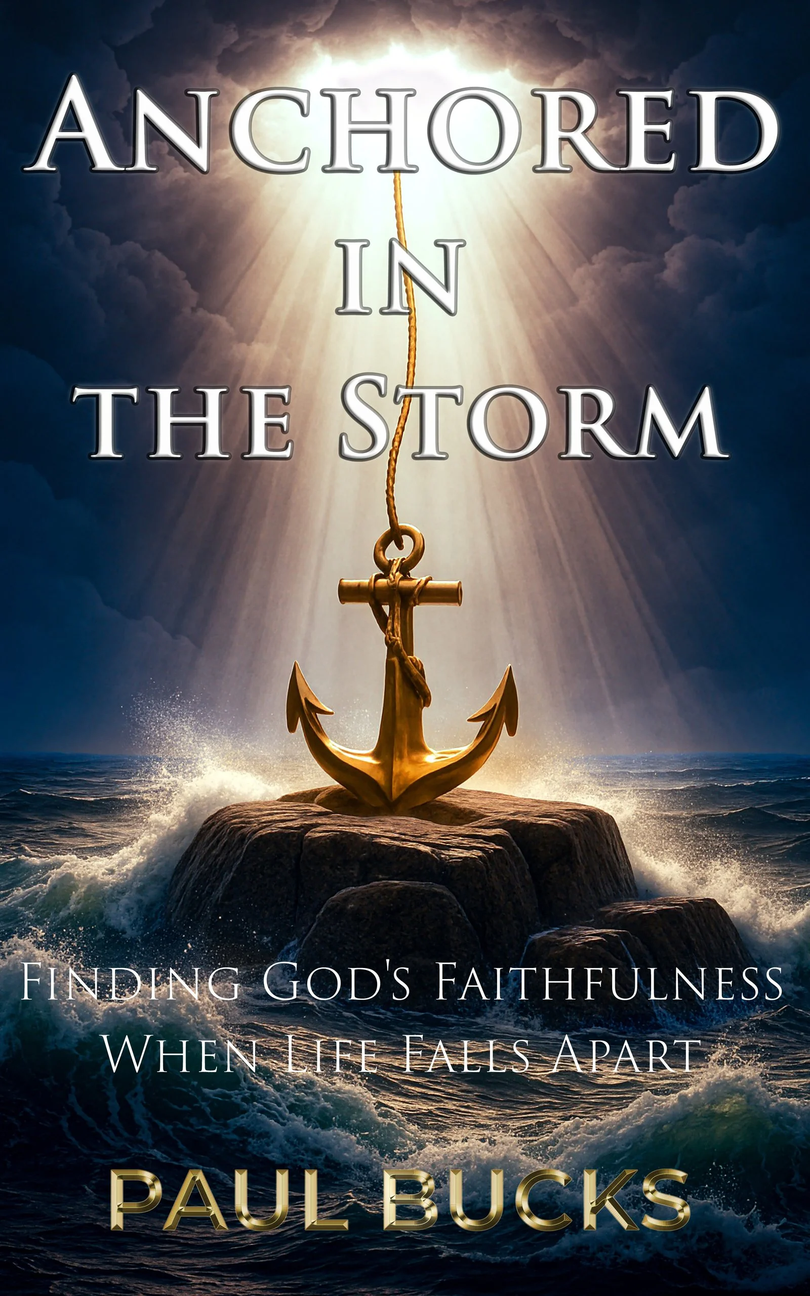 Book cover for 'Anchored in the Storm' by Paul Bucks, depicting an anchor on a rock in turbulent ocean waves with sunlight breaking through dark clouds, and the subtitle 'Finding God's Faithfulness When Life Falls Apart'.