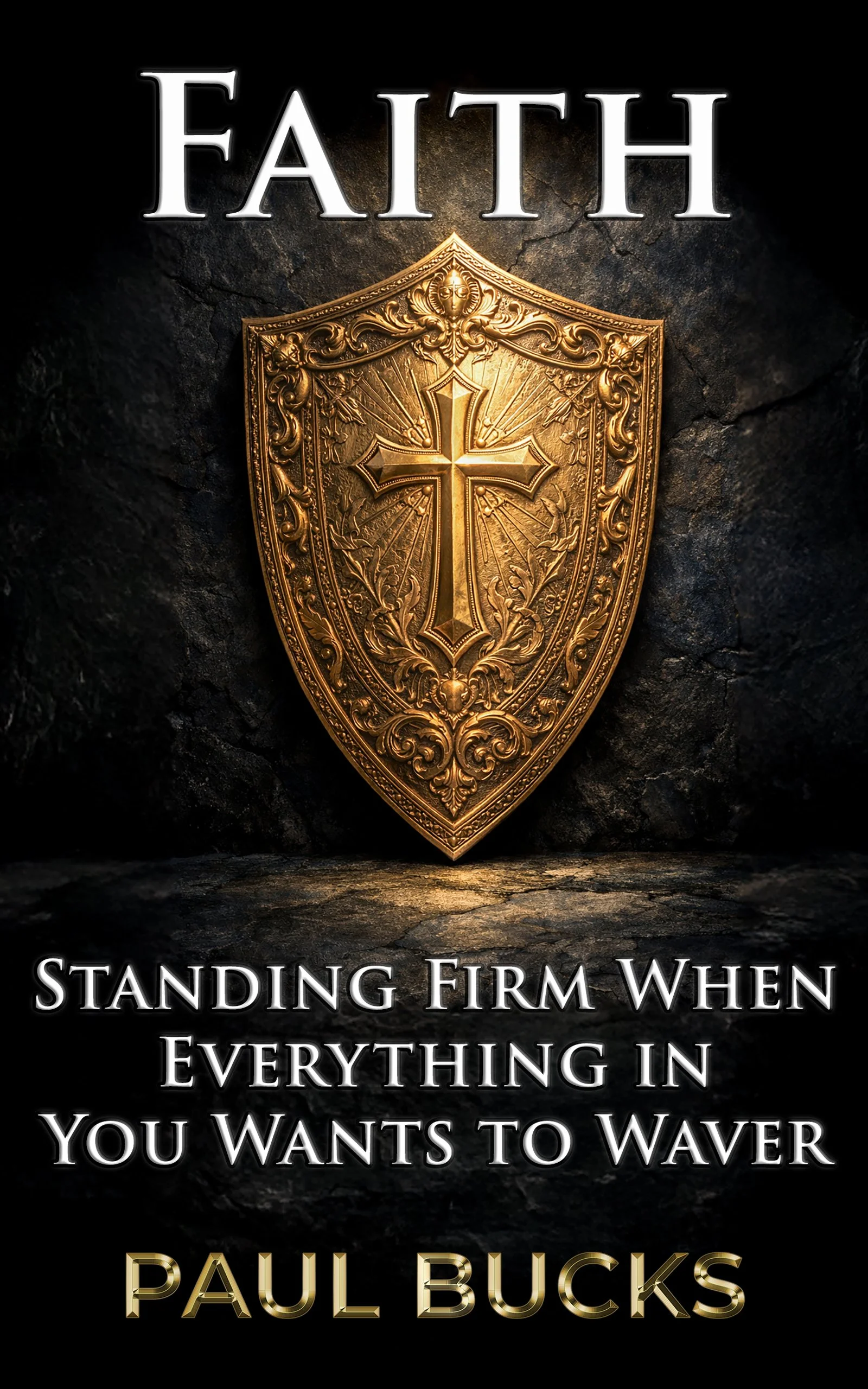 Book cover for Faith by Paul Bucks featuring golden shield with cross on dark stone background, Christian book about standing firm in faith, trusting God through trials and overcoming doubt